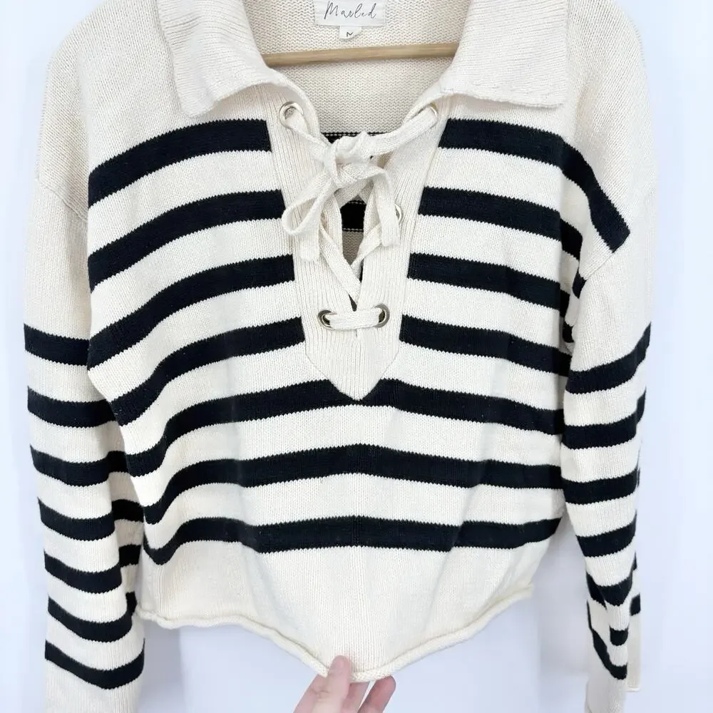 Marled Roll Hem Sweater Womens Medium Stripe Nautical Classic Preppy Fisherman - Picture 5 of 7